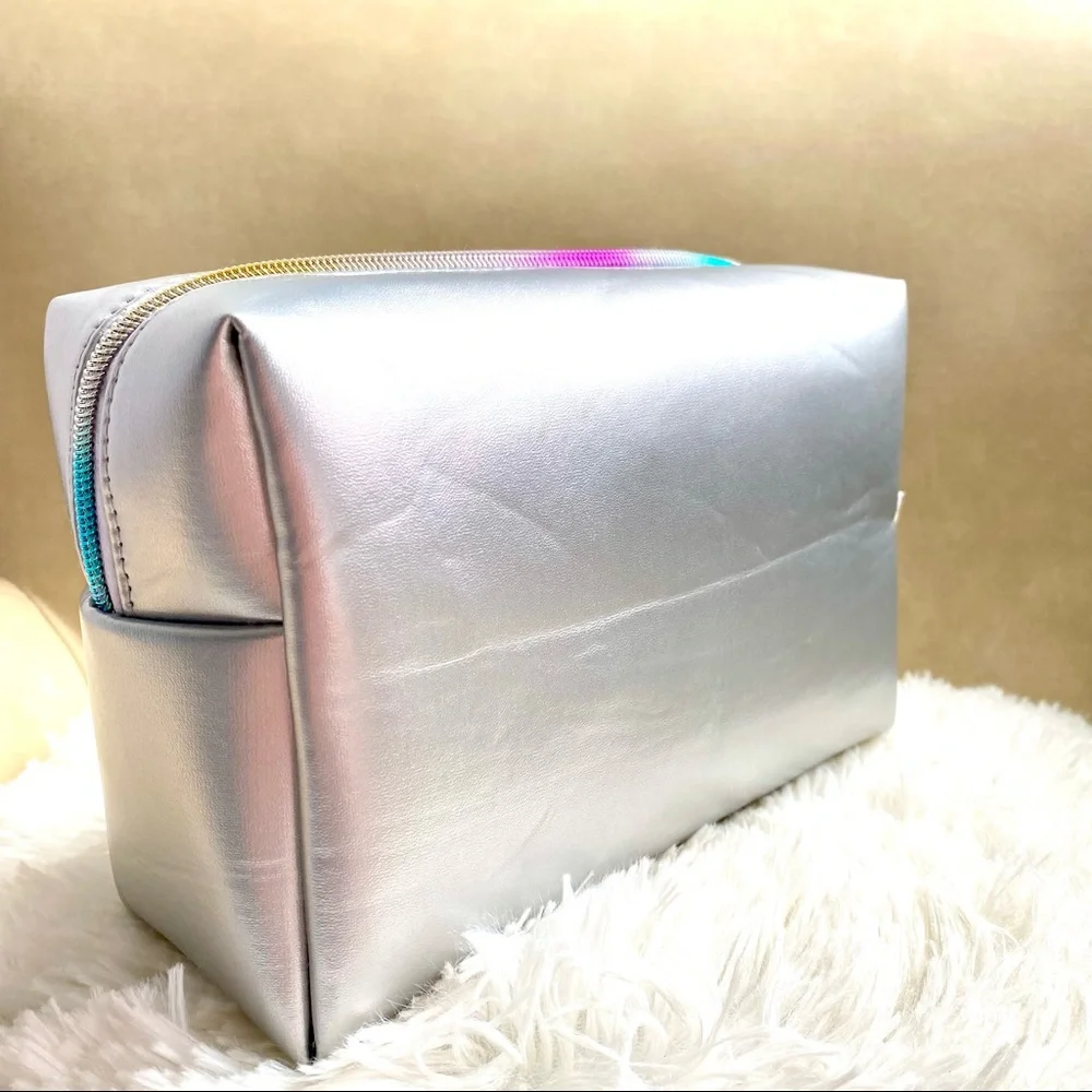 BORN THIS WAY Large Cosmetic Travel Bag Metallic Silver Multicolor